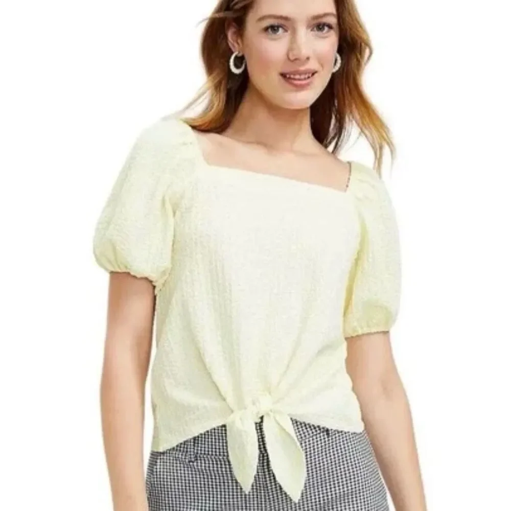 LOFT Women’s Square Neck Tie Front Soft Butter Yellow Blouse Puff Sleeve Top XL